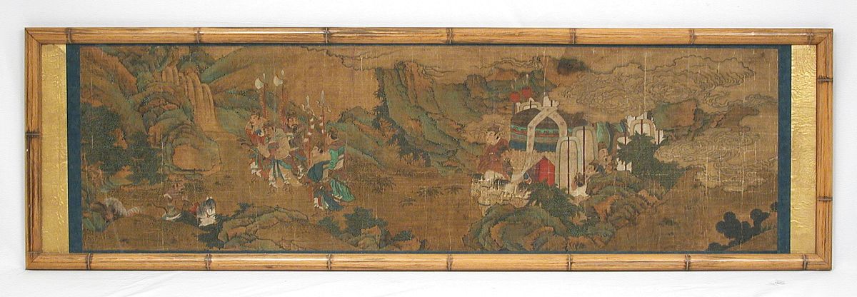 Antique Chinese Scroll Painting Landscape War Scene Bamboo Frame