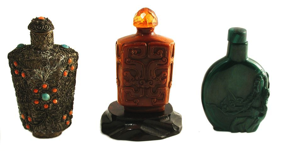 Antique & Vintage Chinese Perfume Bottles Cloisonne Brass Carved Wood Lacquerware Carved Jade