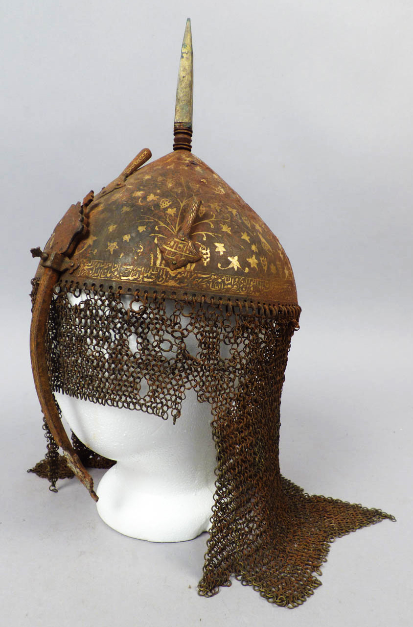 Gilded Arabic Calligraphy Spiked Helmet with Chain Mail