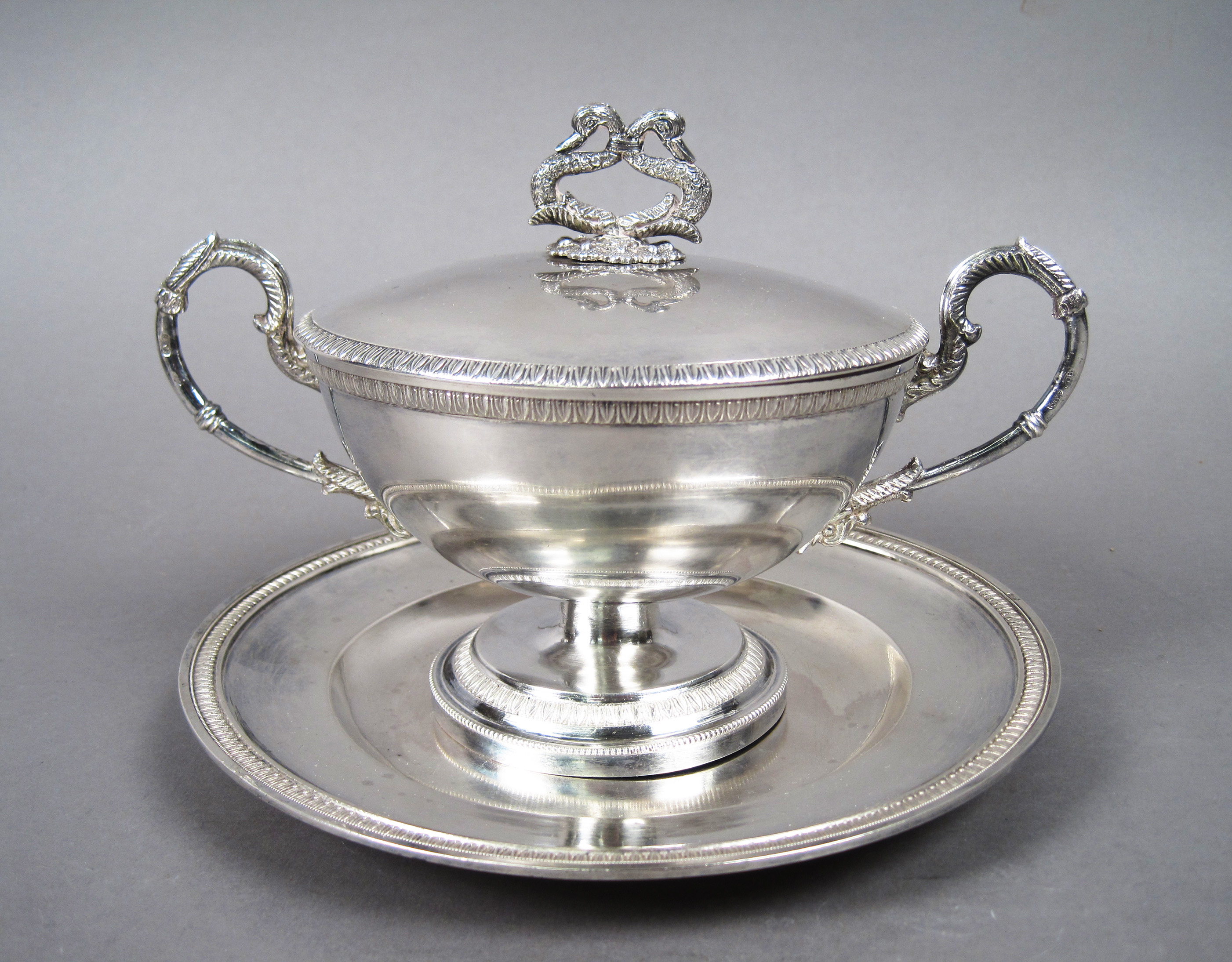 Antique Sterling Silver Covered Dish with Figural Swan Neck Handle