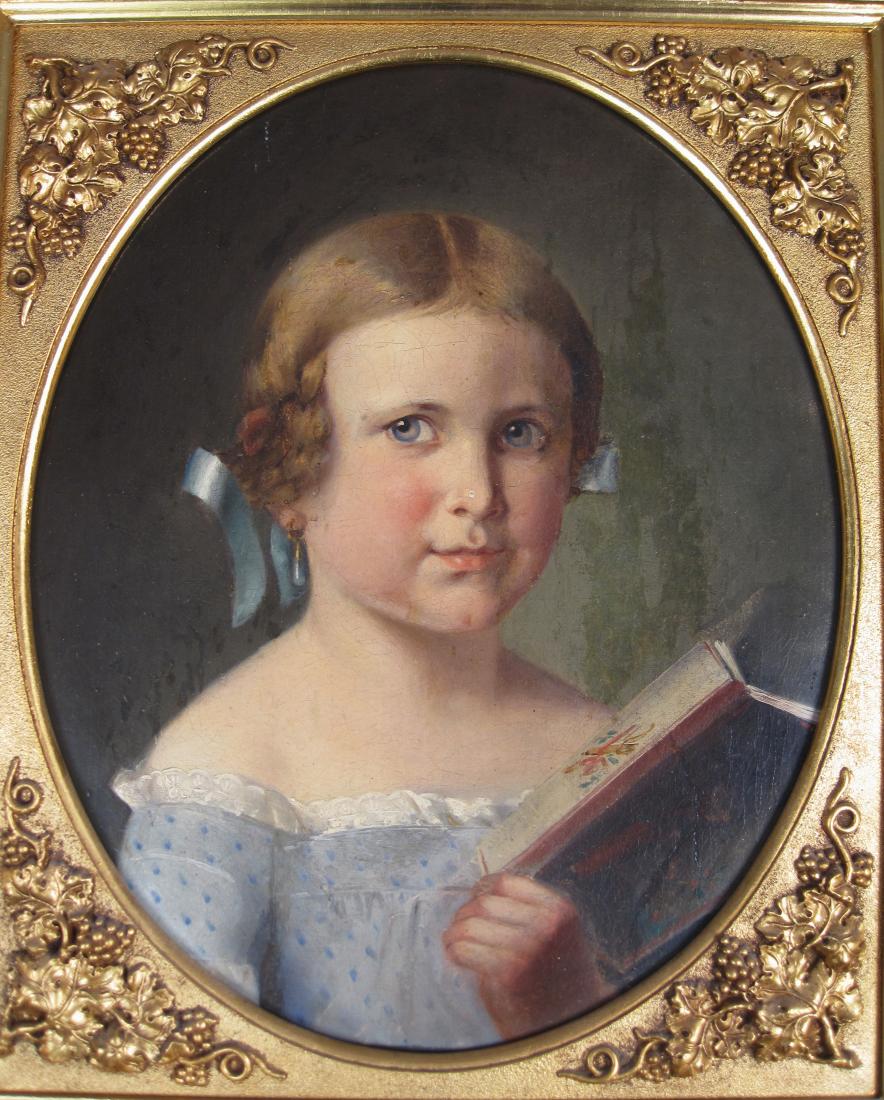 Antique Oil Painting Portrait of a Child with Book Gilded Frame