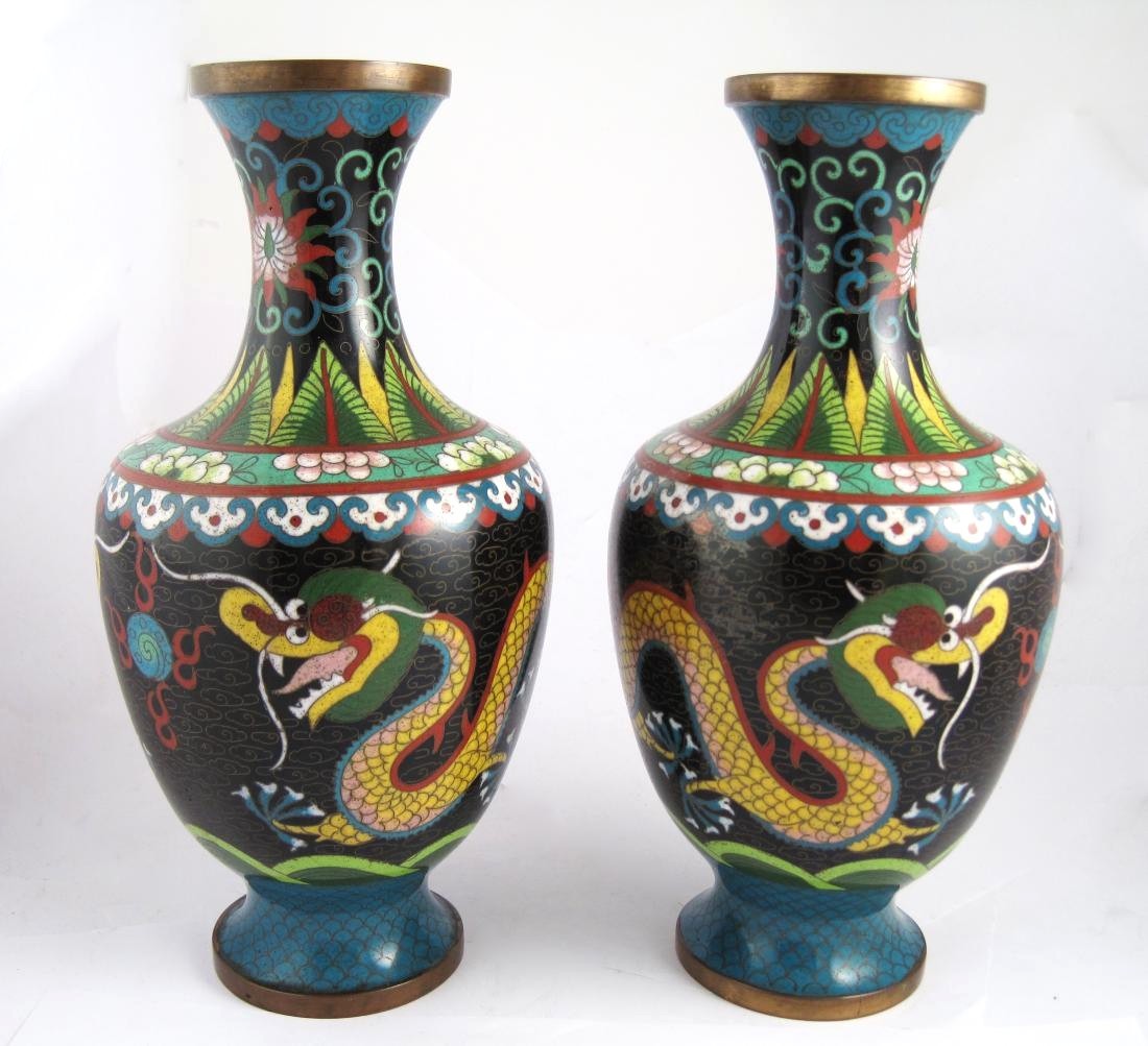 Pair Vintage Chinese Enamel Cloisonne Brass Dragon Urns