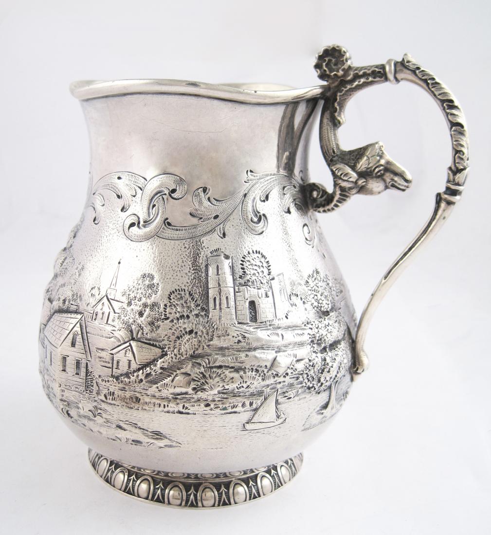 Sterling Silver Etched Landscape with Ships and Lighthouse Figural Handle of a Sheep Pitcher
