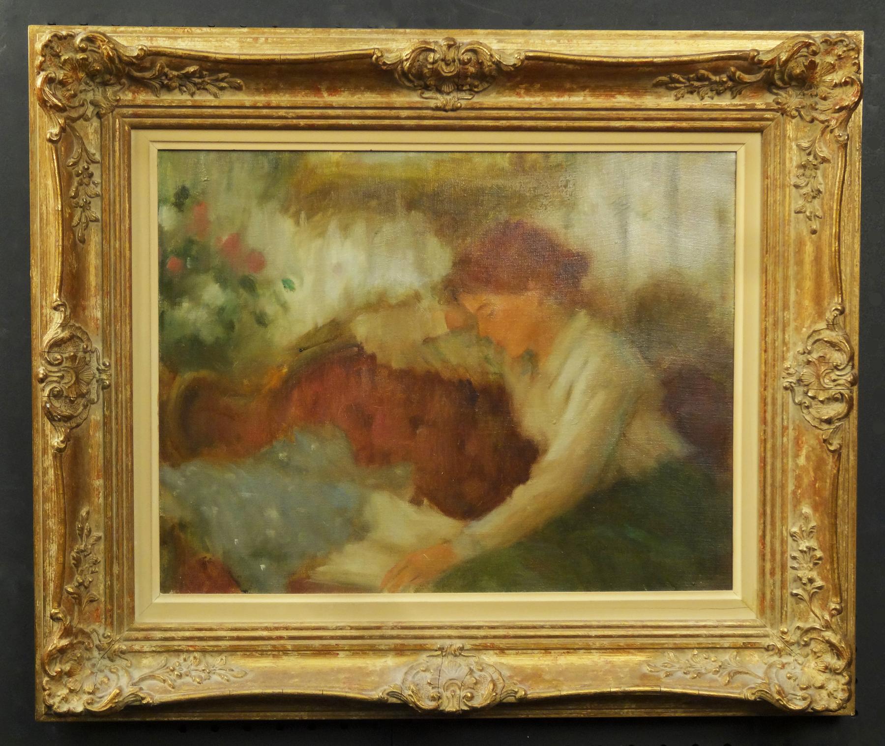 Gilded Framed Oil Painting of a Woman Reading