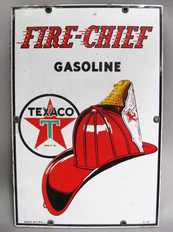 Old Vintage Collectible Fire Chief Texaco Gasoline and Oil Enamel Sign