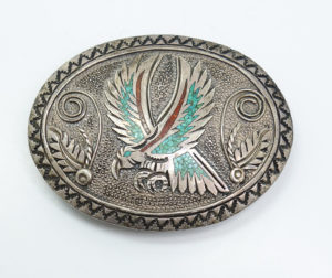 American Indian Pawn Turquoise inlay Belt Buckle Signed S