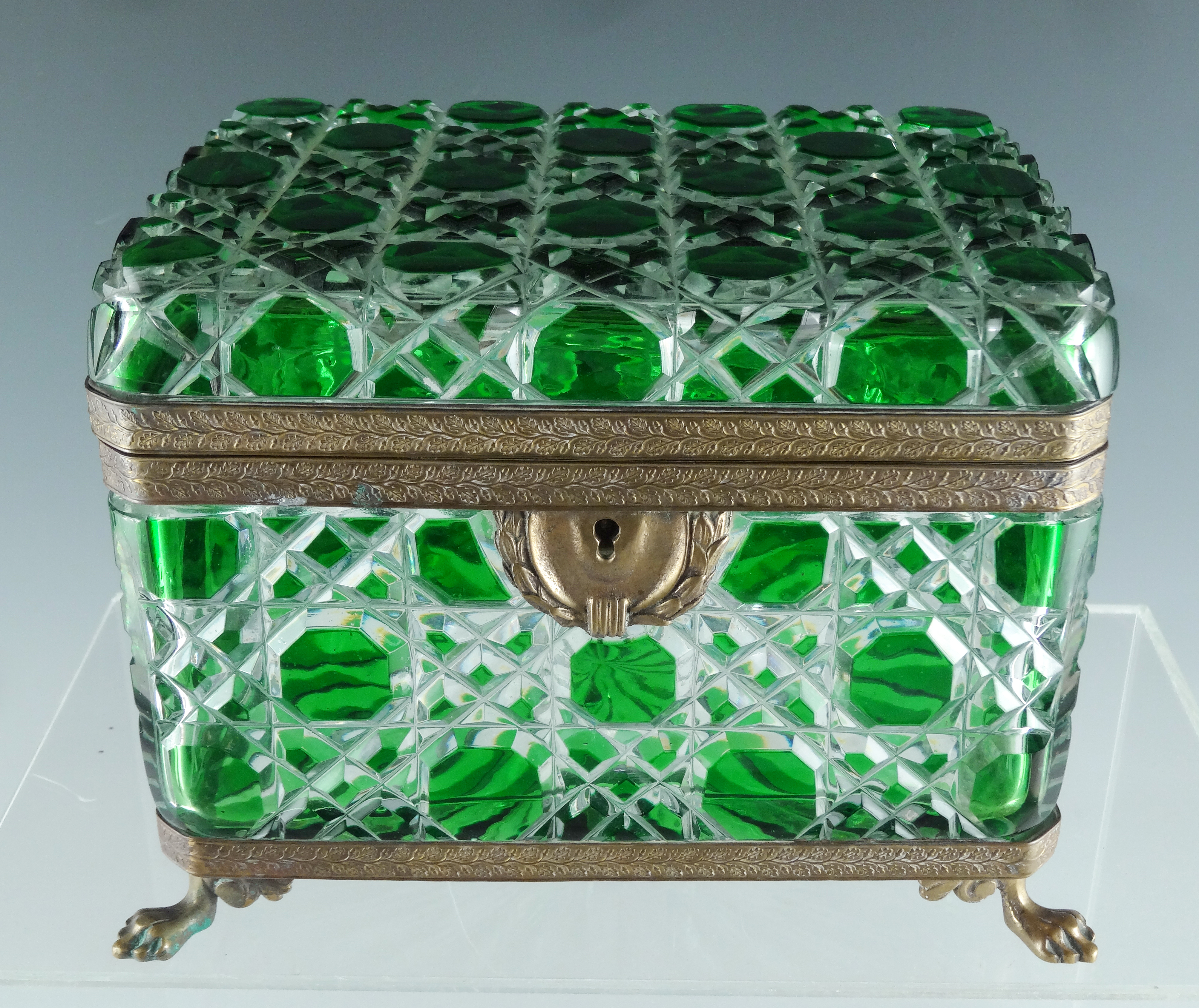 Antique 19th Century Emerald Green Cut Glass Bronze Dore Decorative Chest