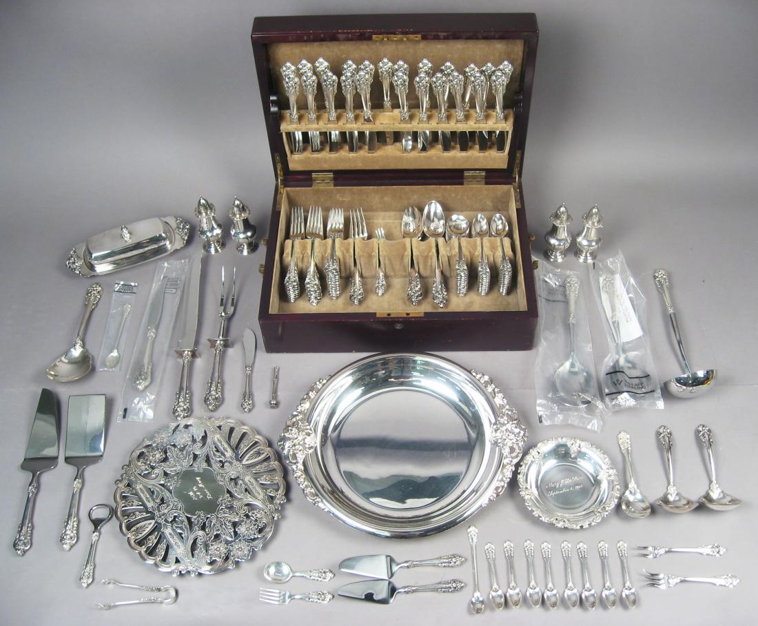 Antique Cased Set Sterling Silver Flatware with Serving Pieces and Trays