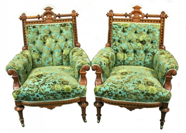 Antique Victorian Brocade Upholstered Carved Wood Inlay Armchairs
